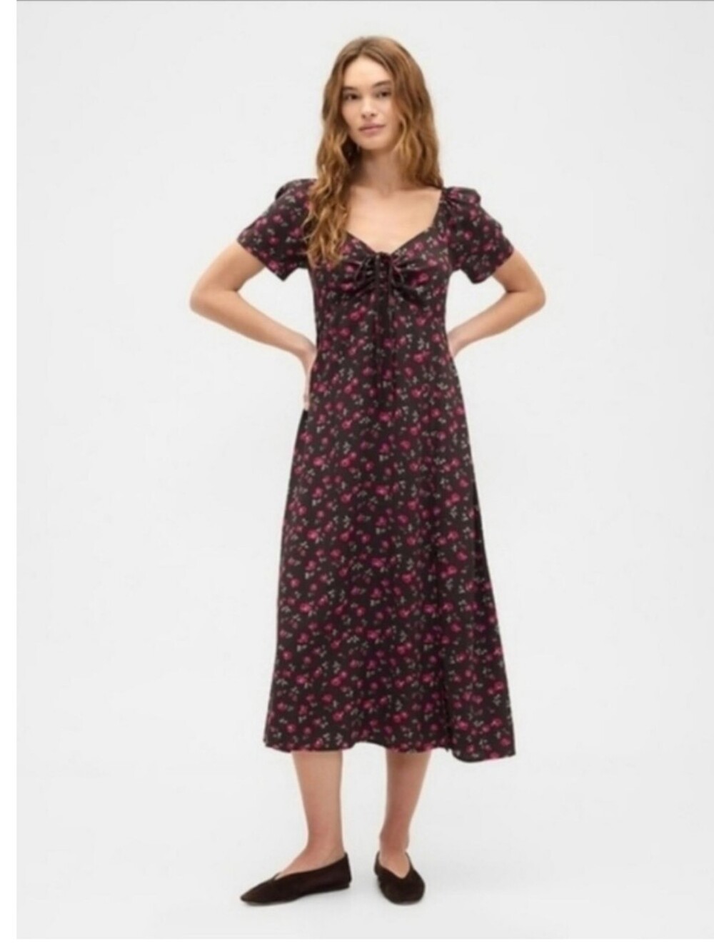 Gap Puff Sleeve Midi Dress Brown Floral NWOT